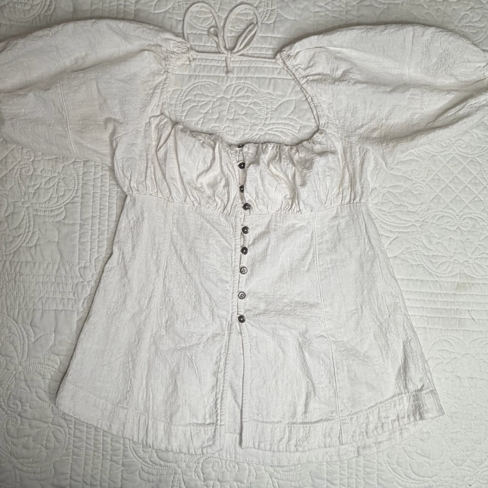 Free People Wink My Way Top Sqaure Neck Buttondown Puff Sleeve Womens Med White